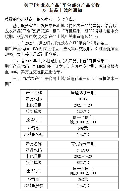 盛通四方九龙部分产品交收和上线的公告