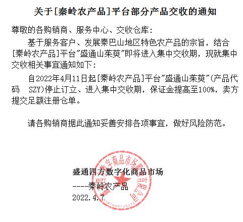 盛通四方关于[秦岭农产品]平台部分产品交收的通知