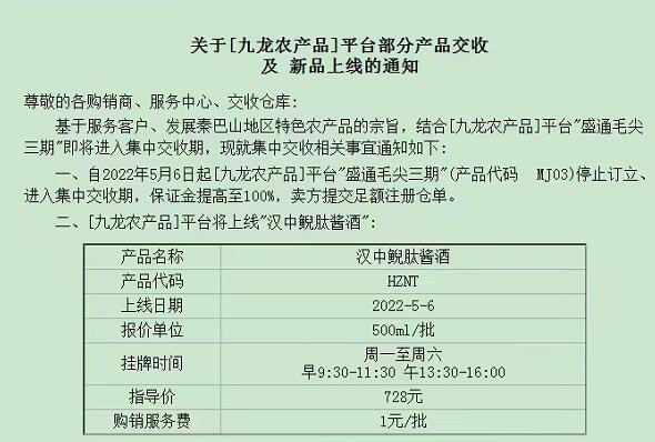 盛通四方2022.4：九龙农产品新品种上线和部分品种交收的公告